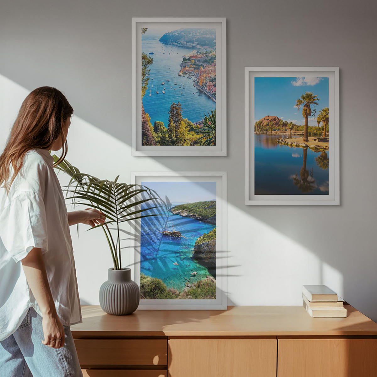 WANDBILDER 3er-Set - 40x60 cm Weißer Rahmen - Palmen am Meer, blaues Wasser - Weiß, Kunststoff (40/60cm) - ArtPrintCave