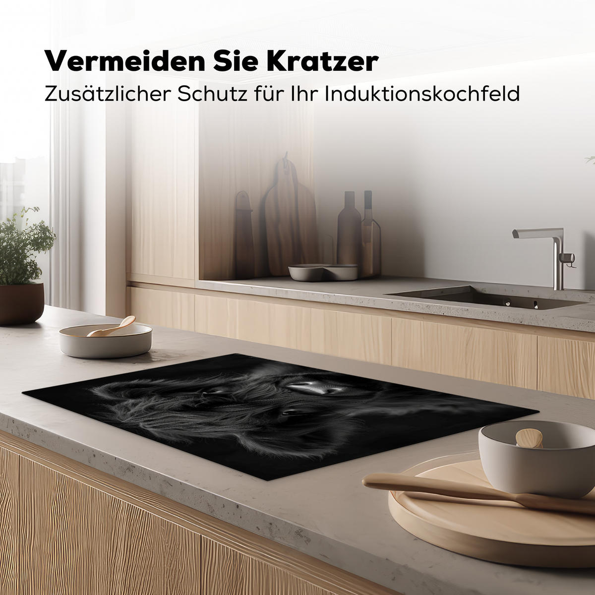 HERDABDECKPLATTE Scottish Highlander - Schwarz - Kalb - Kuh Induktionsmatte 81x52 cm - Schwarz, Kunststoff (81/52/0.2cm) - MuchoWow