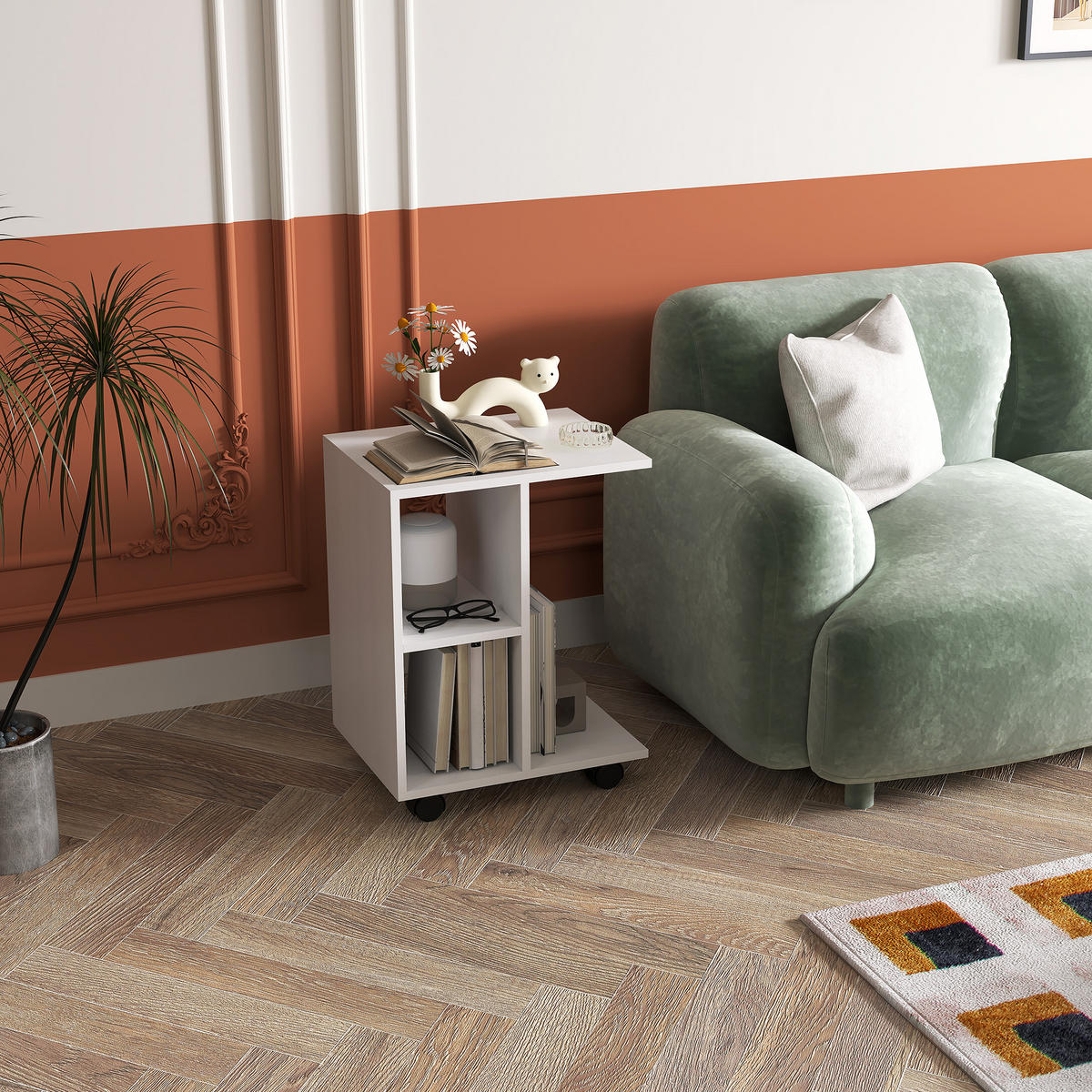 BEISTELLTISCH in C-Form, Couchtisch mit Rollen, 45 x 35 x 58 cm, Weiß - Weiß, Holzwerkstoff (35/45/58cm) - HOMCOM