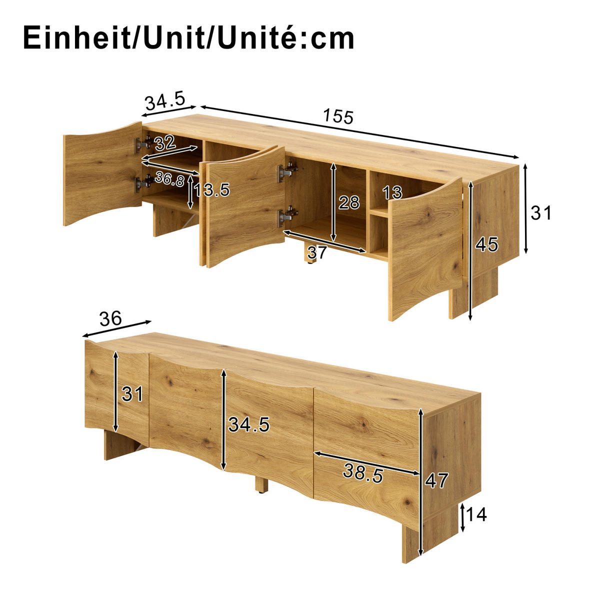 TV Lowboard 155 cm, Wellenfront, 4 Türen, Holz - Braun, Holz (155/45/34cm)