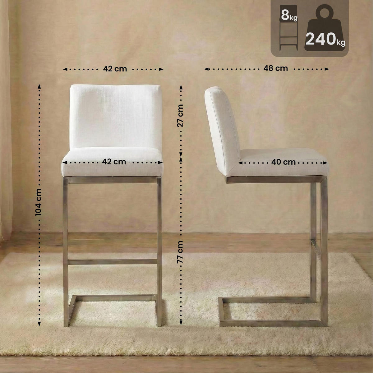 BARHOCKER Stoff Weiß - Chromfarben/Weiß, Textil/Metall (42/104/48cm) - CLP