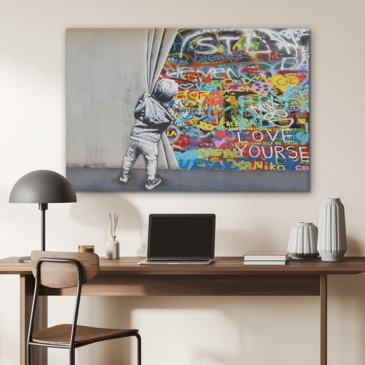 AKUSTIKBILD Graffiti - Junge - Ilussie - Straßenkunst Akustikpaneele 90x60 cm - Hellgrau, Kunststoff (90/60/0.9cm) - MuchoWow