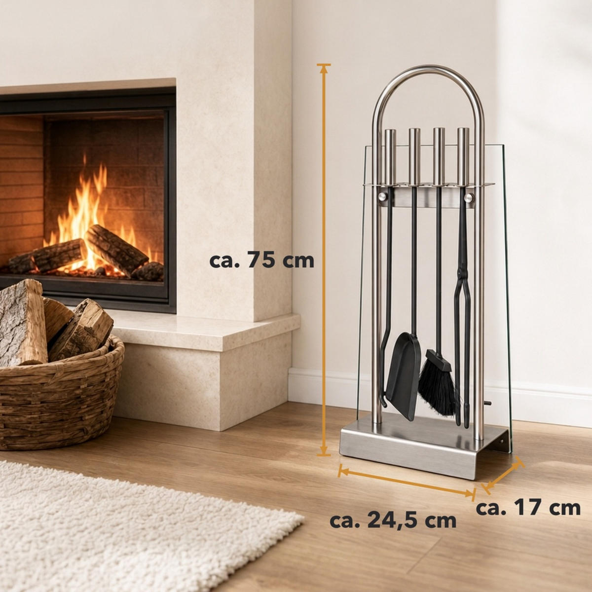 KAMINBESTECK Silber 5-teilig Edelstahl - Multicolor, Glas/Metall (24.5/75/17cm) - Relaxdays