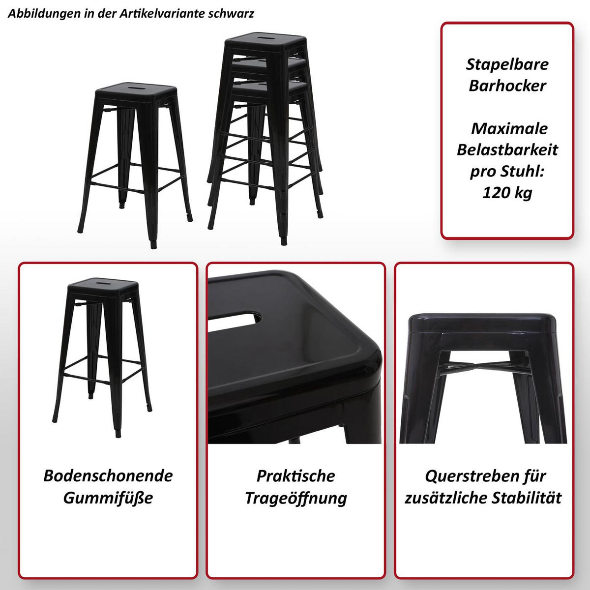BARHOCKER METALL Schwarz 4er-Set - Schwarz, Metall (43/77/43cm) - MCW