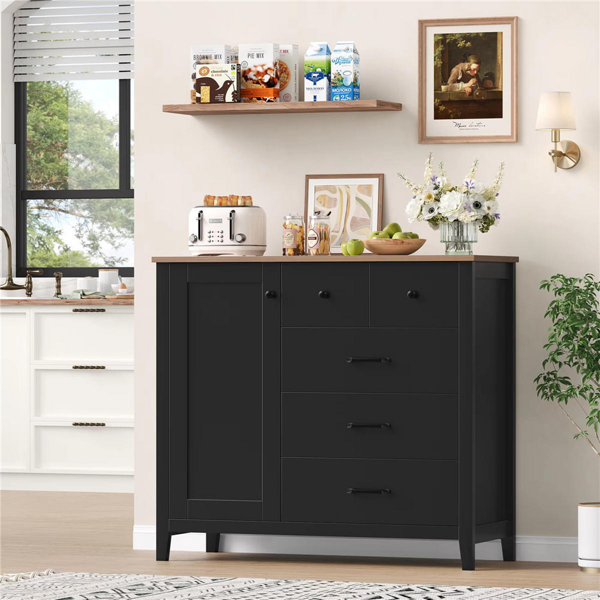 SIDEBOARD 100x94x40 cm Küchenschrank 5 Schubladen Schwarz - Schwarz, Holz (100/94/40cm) - Kaket