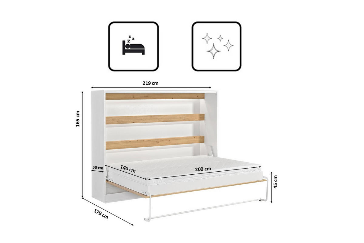 SCHRANKBETT Perfekt 140x200 Ein Horizontales Vereint Mit Matratze Eiche + Weiß - Eichefarben/Weiß, Holz (140/200cm) - Kaiser Möbel