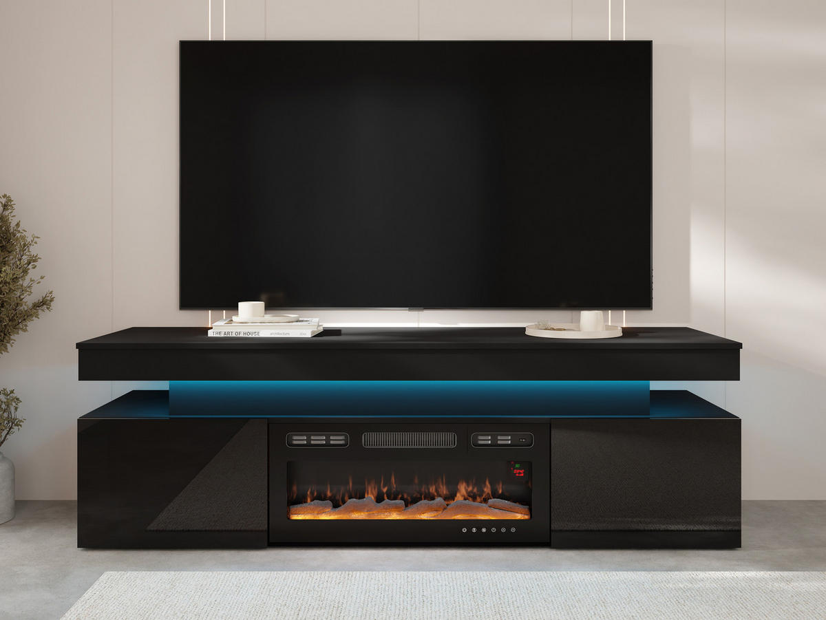 COMODA TV EF 2D Glossa cu Semineu - negru, material plastic/compozit lemnos (190/59/41cm) - MIRJAN24