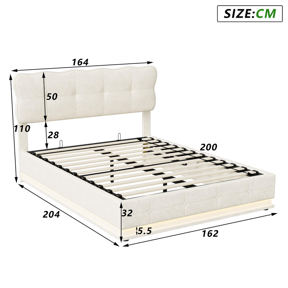 POLSTERBETT Wellen-Design 160/200 cm mit Bettkasten & LED Samtoptik Beige - Beige, Textil (160/200cm) - Creahappy