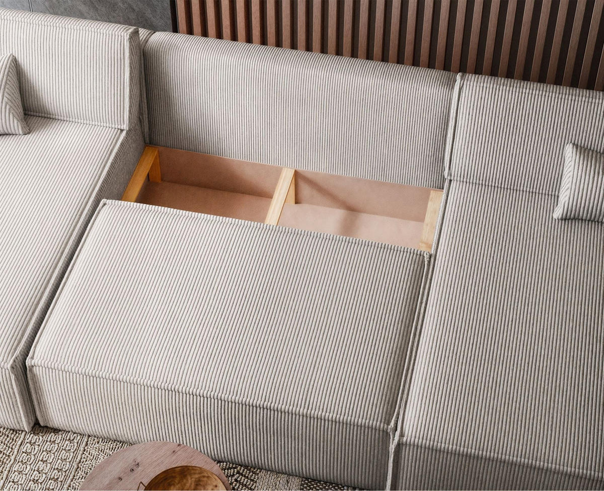 WOHNLANDSCHAFT Scarlo Hellbeige Cordbezug - Ecru/Schwarz, Kunststoff/Textil (244/83/145cm) - Selsey