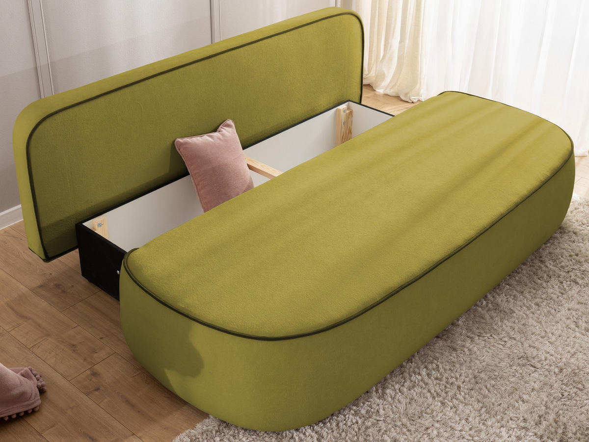 KINDERSOFA Vero im modernen und abgerundeten Design mit Schlaffunktion und Bettkasten aus Grün Plüschstoff mit dunkelgrüner Paspel - Schwarz/Grün, Holz/Kunststoff (210/90/98cm) - S-Style Möbel