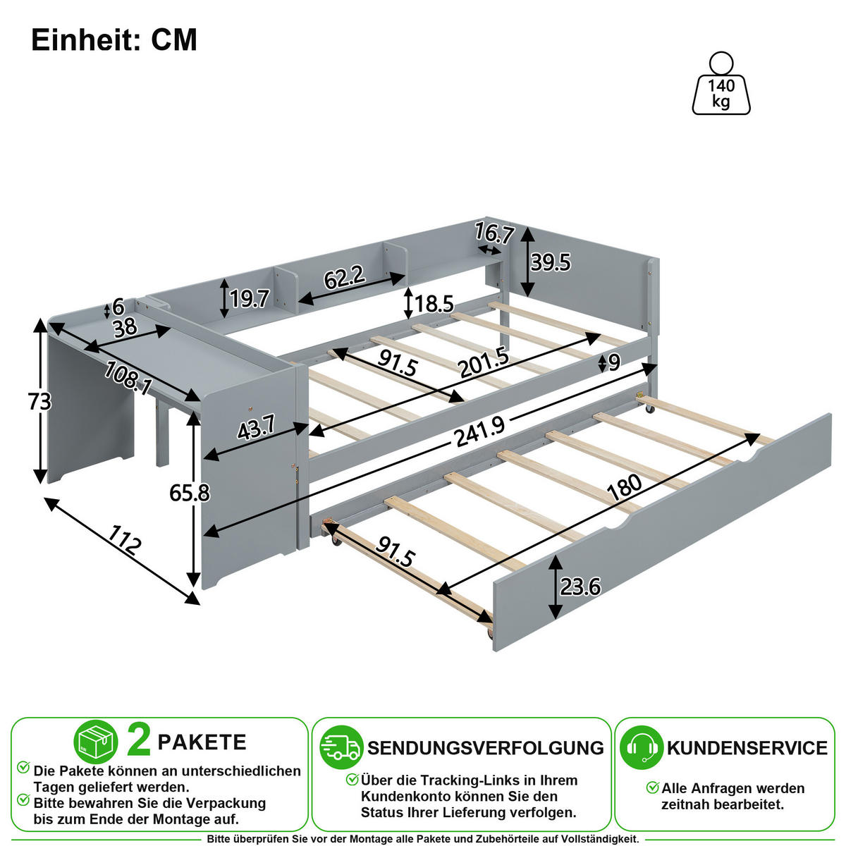 KINDERBETT 90/200 cm & 90/180 cm in Grau mit Ausziehbett, Schreibtisch und 3 Regalen - Grau, Holz/Holzwerkstoff (90/200cm) - CHICFURN