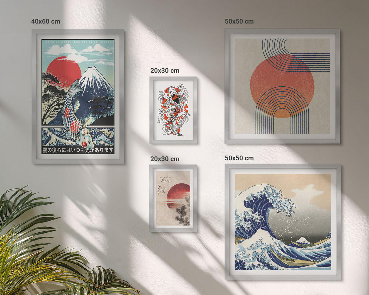 WANDBILDER 5er Set - 50x50 cm & 20x30 cm & 40x60 cm Silberner Rahmen - Illustrationen von Fischbergen, die sich in Japan ausbreiten - Silberfarben, Kunststoff (40/60cm) - ArtPrintCave