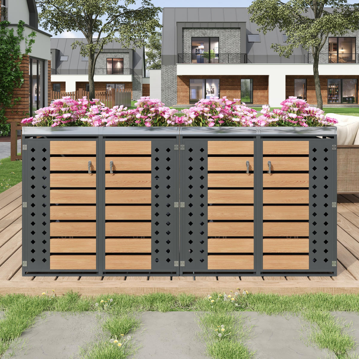 MÜLLTONNENBOX aus verzinktem Stahl in Grau/Holzoptik mit Pflanzkasten & 4 Türen 264x80x124,5 cm - Grau, Metall (264/124.5/80cm) - Modfu