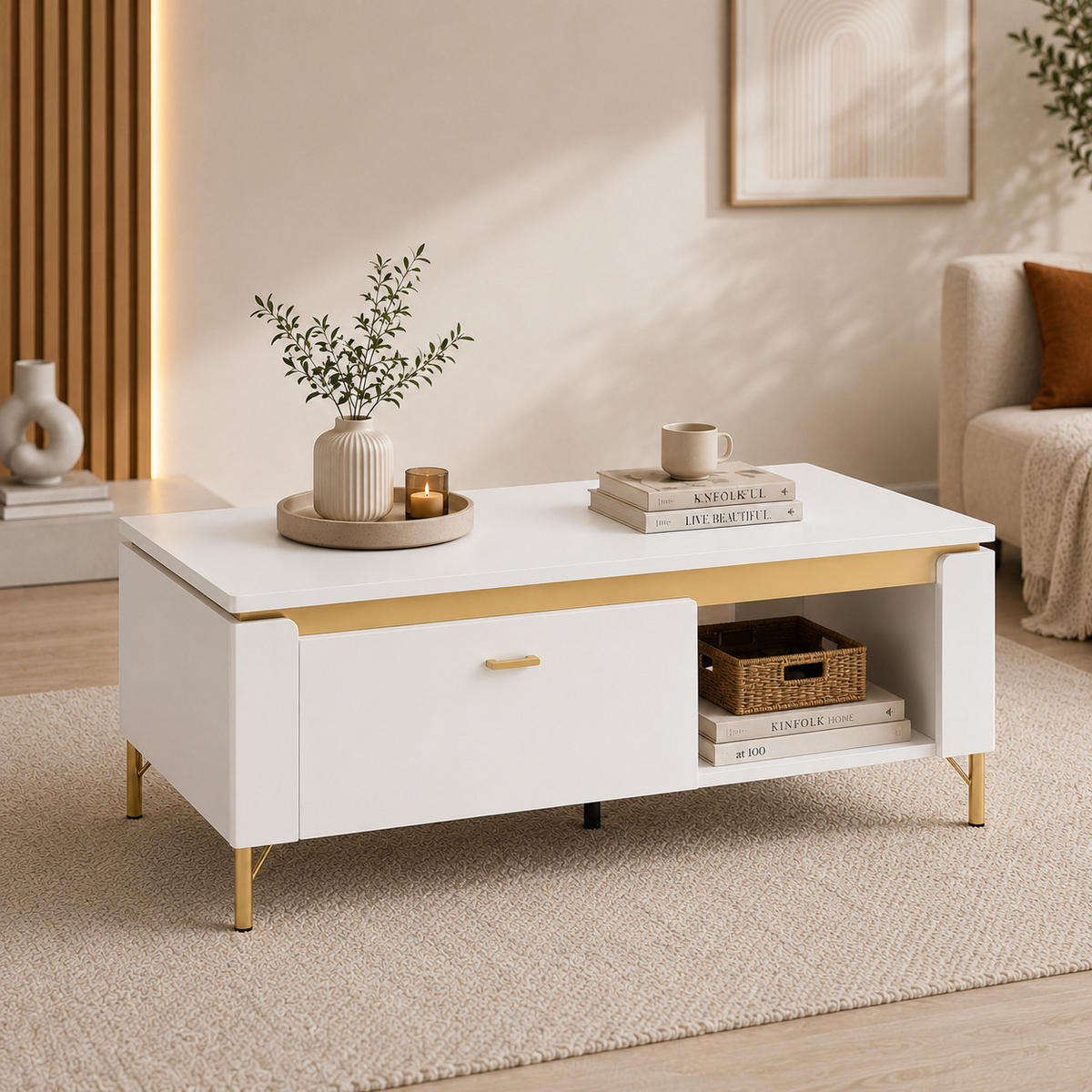 COUCHTISCH rechteckig Weiß matt - Gold mit Staufach und Ablage - Goldfarben/Weiß, Holzwerkstoff (65/110/46cm) - designimpex