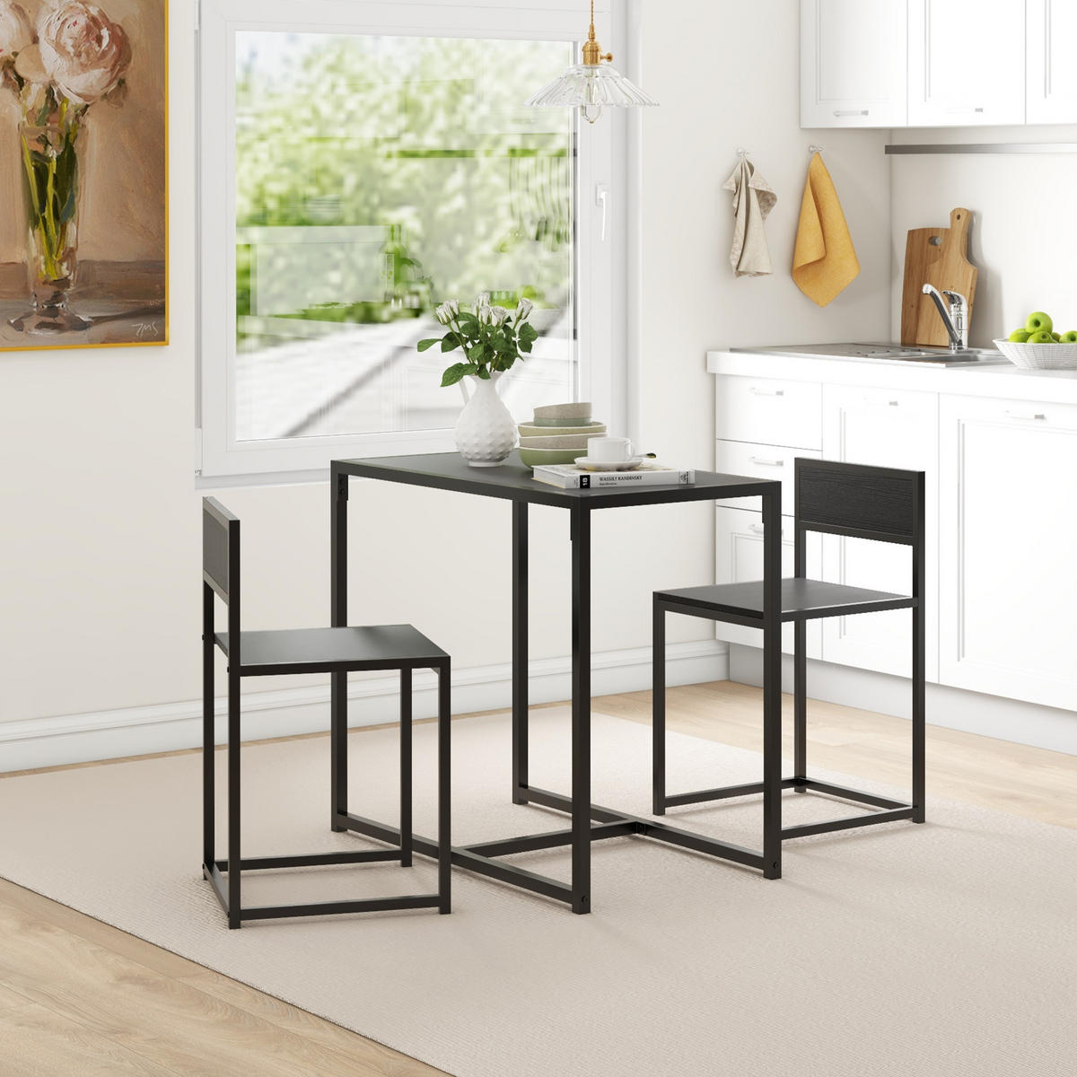 ESSTISCH- und Stuhlset, 3-teilig mit 2 stapelbaren Stühlen, für Küche, Wohnzimmer, Zuhause, schwarz - Brombeere, Metall (90/76/47cm)