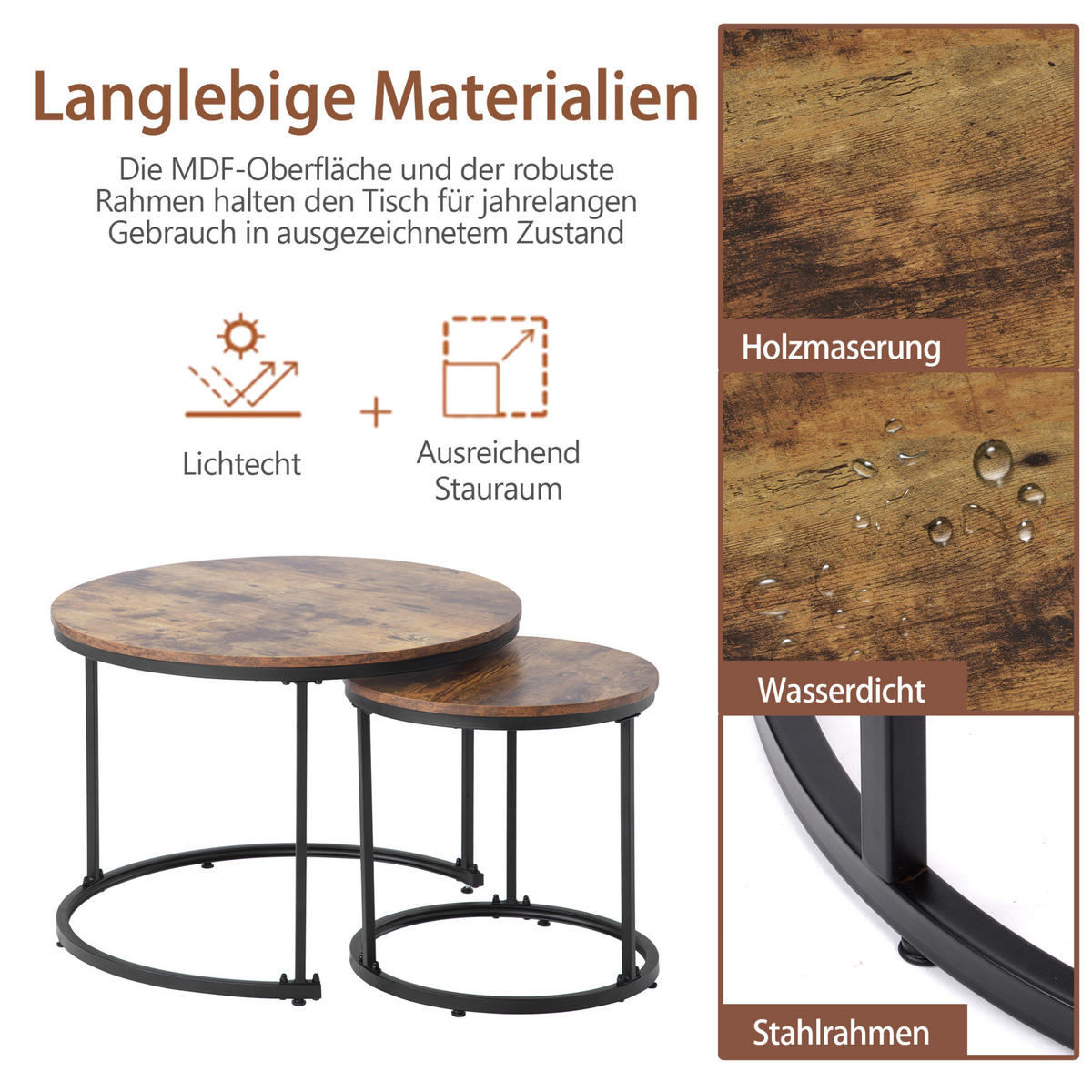 COUCHTISCH-SET 2-teilig, verschachtelbar, MDF Holzoptik mit Metallrahmen, 50/70,5 + 45,5/44 cm,Braun - Braun, Holzwerkstoff (50/50/70.5cm) - Redom