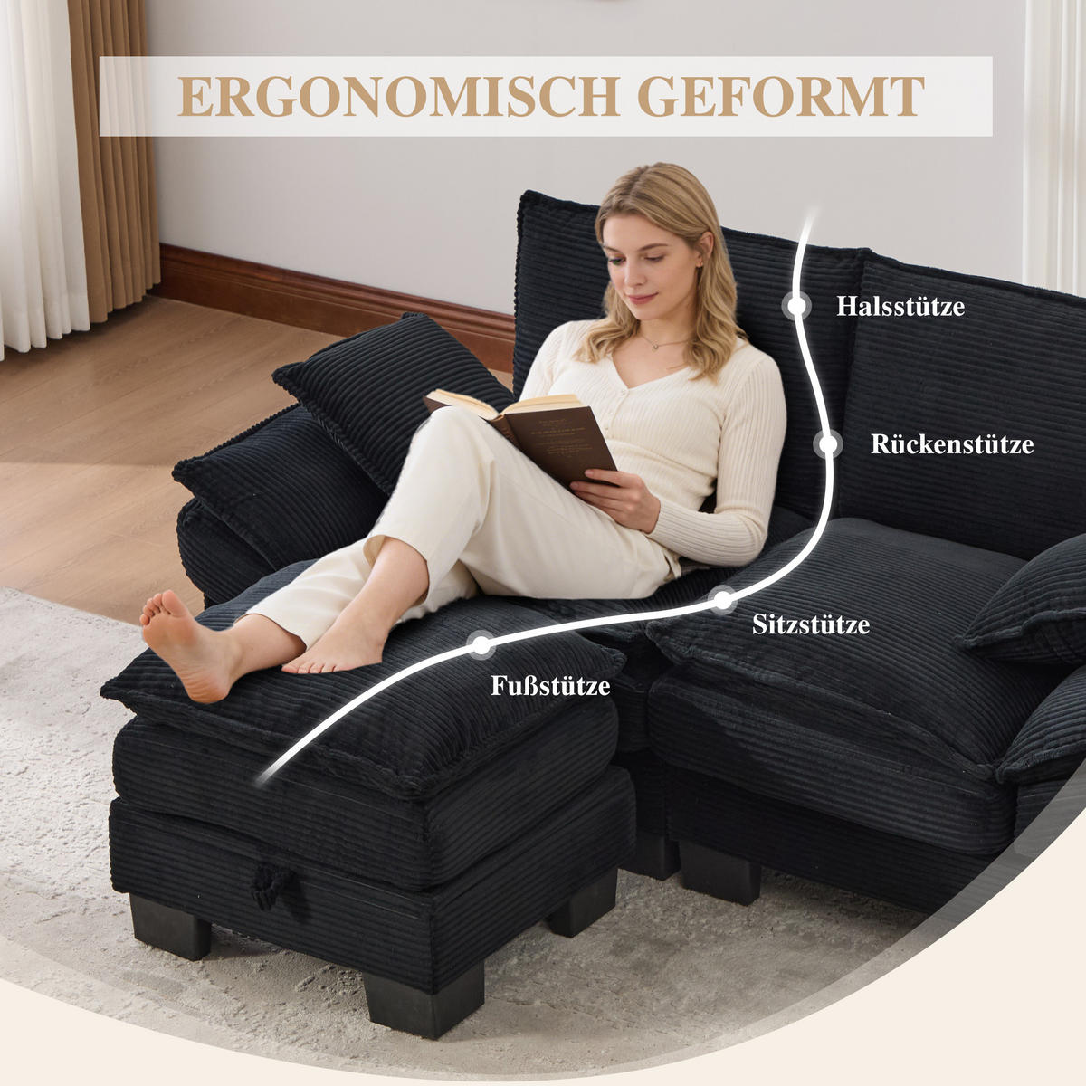 2-SITZER SOFA Cord Schwarz mit Hocker, USB-C und Seitentaschen - Schwarz, Holzwerkstoff/Kunststoff (190/132cm) - WISHDOR