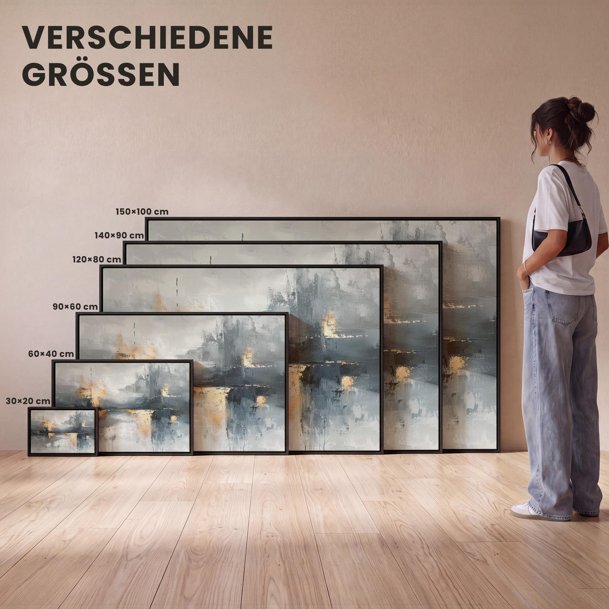 LEINWAND Bilder mit Rahmen - Kunst - Grau - Gold - Abstrakt - 60x40 - Dunkelgrau, Textil (60/40cm) - MuchoWow