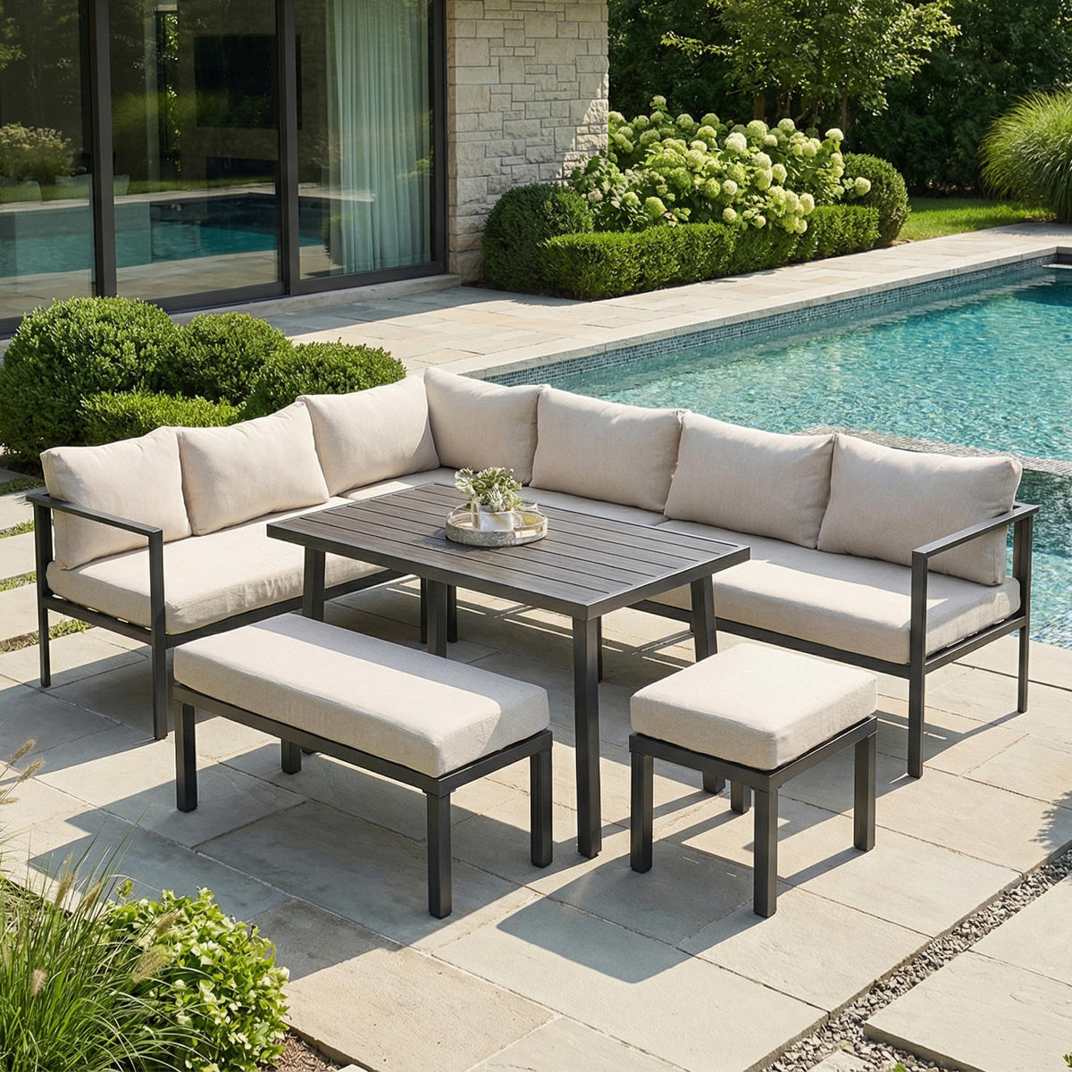 GARTEN-ESSGRUPPE 9 Personen Ecksofa Tisch Stahl Grau - Grau, Textil - FLIEKS