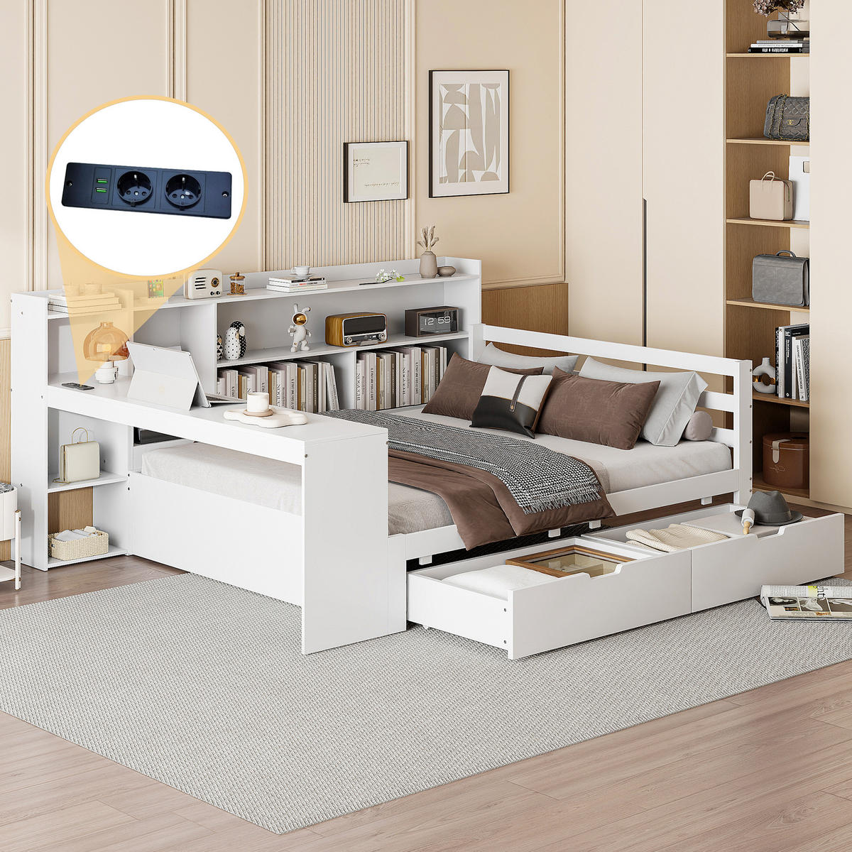 STAURAUMBETT 140/200 cm DE-01349, in Weiß, mit Schreibtisch, Steckdose und Schubladen - Weiß, Holz (140/200cm) - ComfortXL