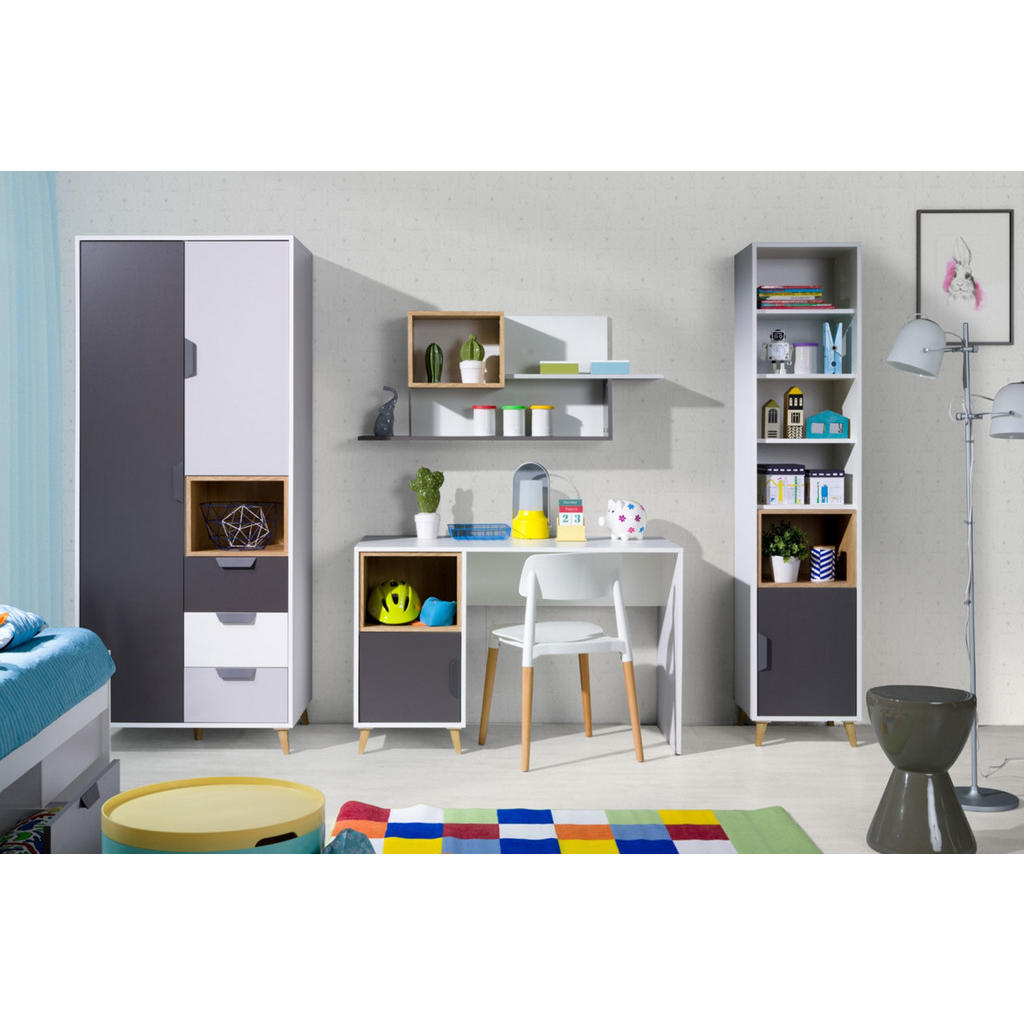 Thumbnail - Deine Möbel 24 Kinderschreibtisch, Weiß, Graphit, Grau, Eiche, Holzwerkstoff, 2 Schubladen, 130x76x55 cm, Arbeitszimmer,...