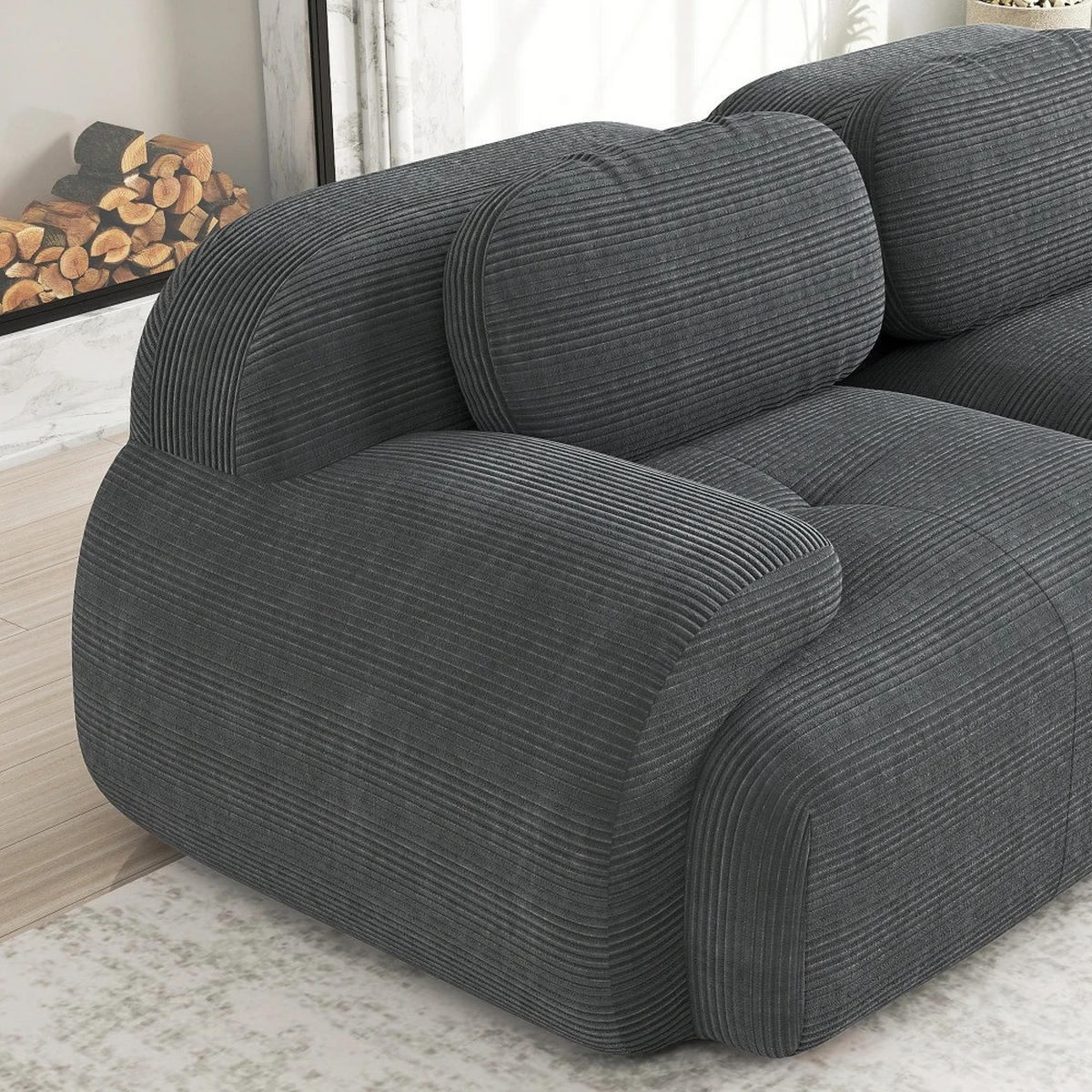 ECKSOFA aus weichem Kordelstoff, modular kombiniert mit gebogenen Armlehnen, Grau - Grau, Textil (208/70/178cm) - Kaket