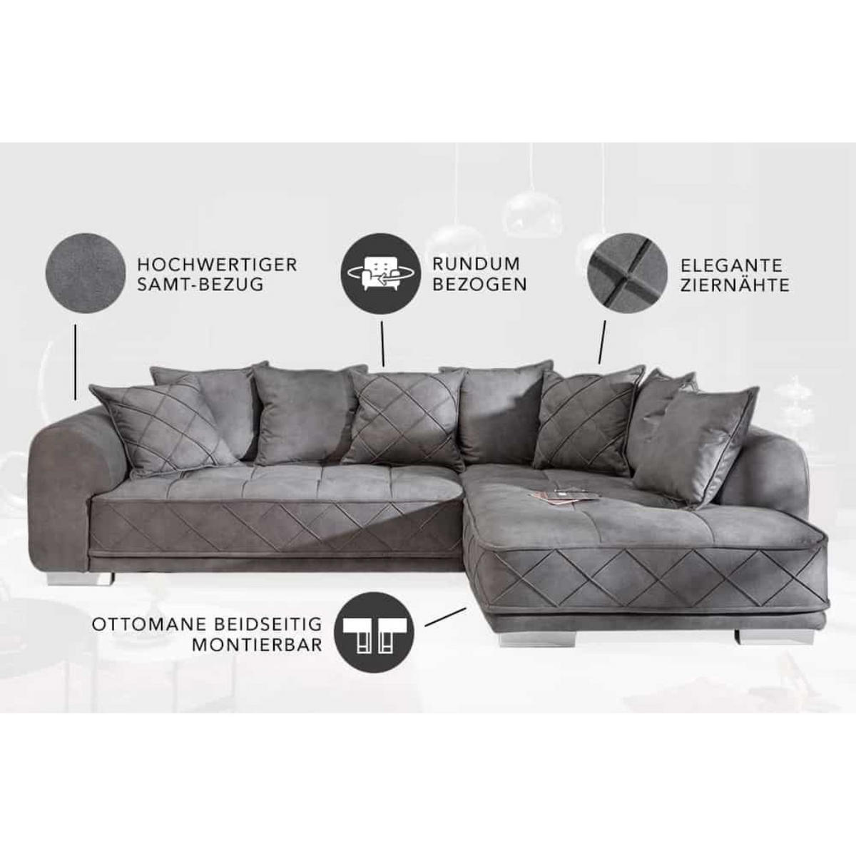 BIGSOFA INKL. KISSEN DECADENCIA Samt Silbergrau 320 cm - Silberfarben/Grau, Kunststoff/Textil (320/90/110cm) - riess-ambiente