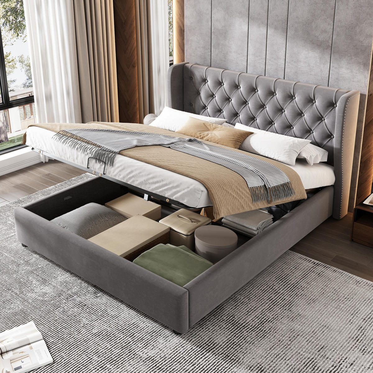 POLSTERBETT 140/200 cm grau aus Samt mit Bettkasten - Grau, Textil (140/200cm) - OKMYHOME