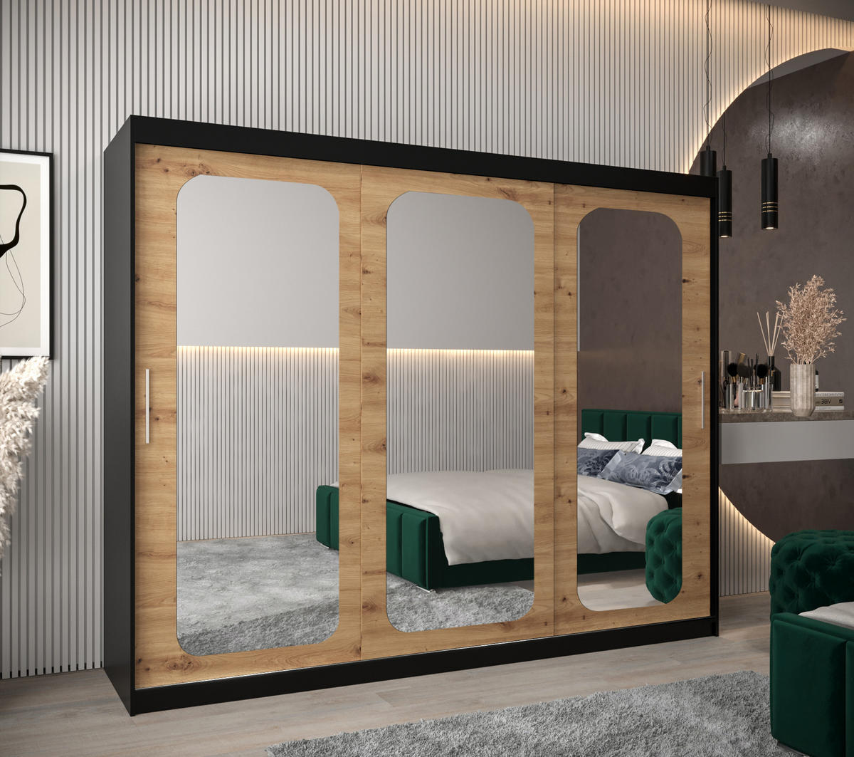 SCHWEBETÜRENSCHRANK 200/250/62 3-türig - Silberfarben/Schwarz, Holz/Kunststoff (250/200/62cm) - Abiks Möbel