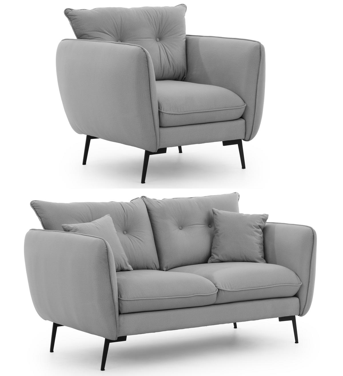 SITZGARNITUR 2+1 Nordloft Hellgrau Samt - Hellgrau/Schwarz, Holz/Textil (133/86/59cm) - S-Style Möbel