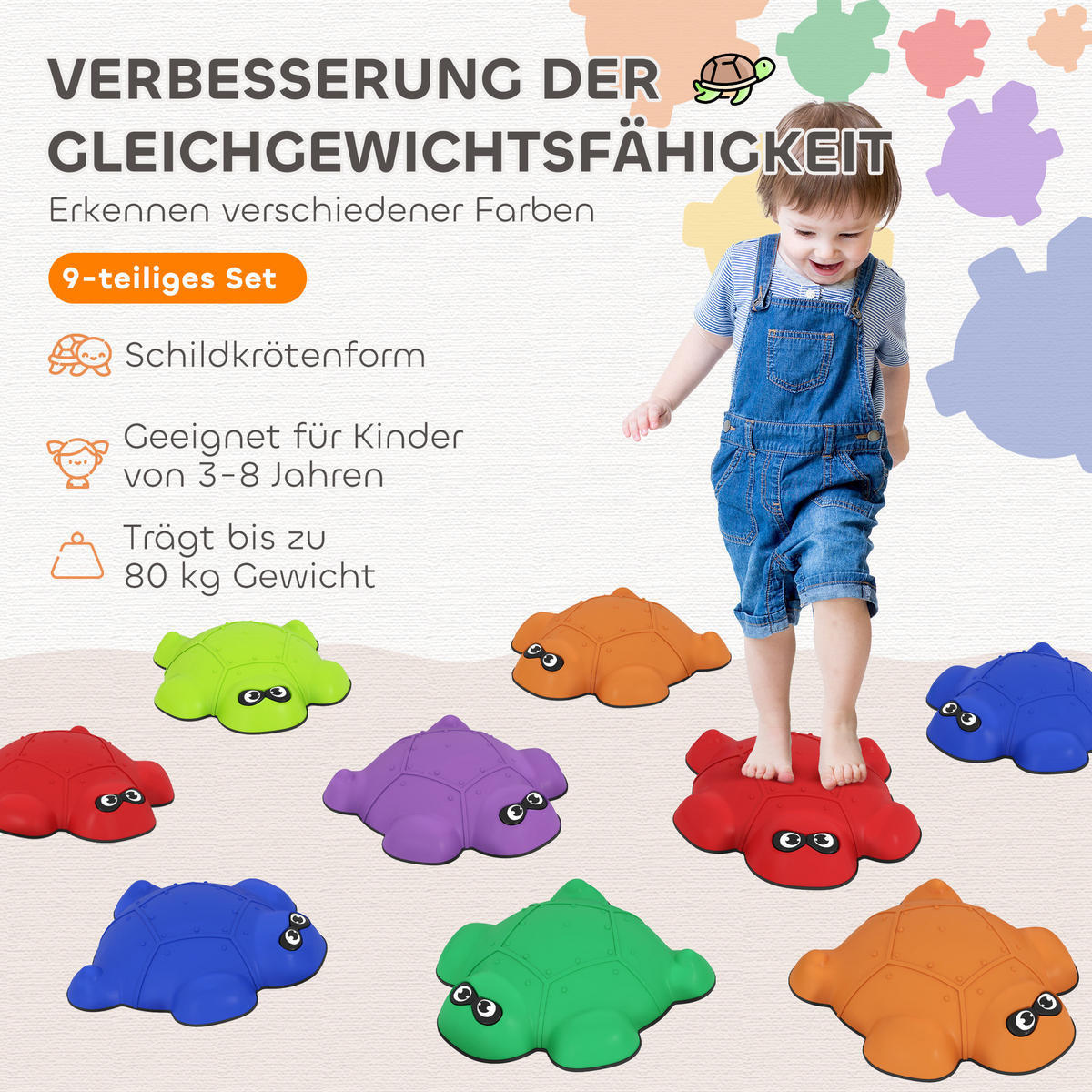 FLUSSSTEINE, 9-tlg. Schildkrötenförmig Balanciersteine für 3-8 Jahre Kinder Bunt - Blau, Kunststoff (31/8.5/32cm) - AIYAPLAY