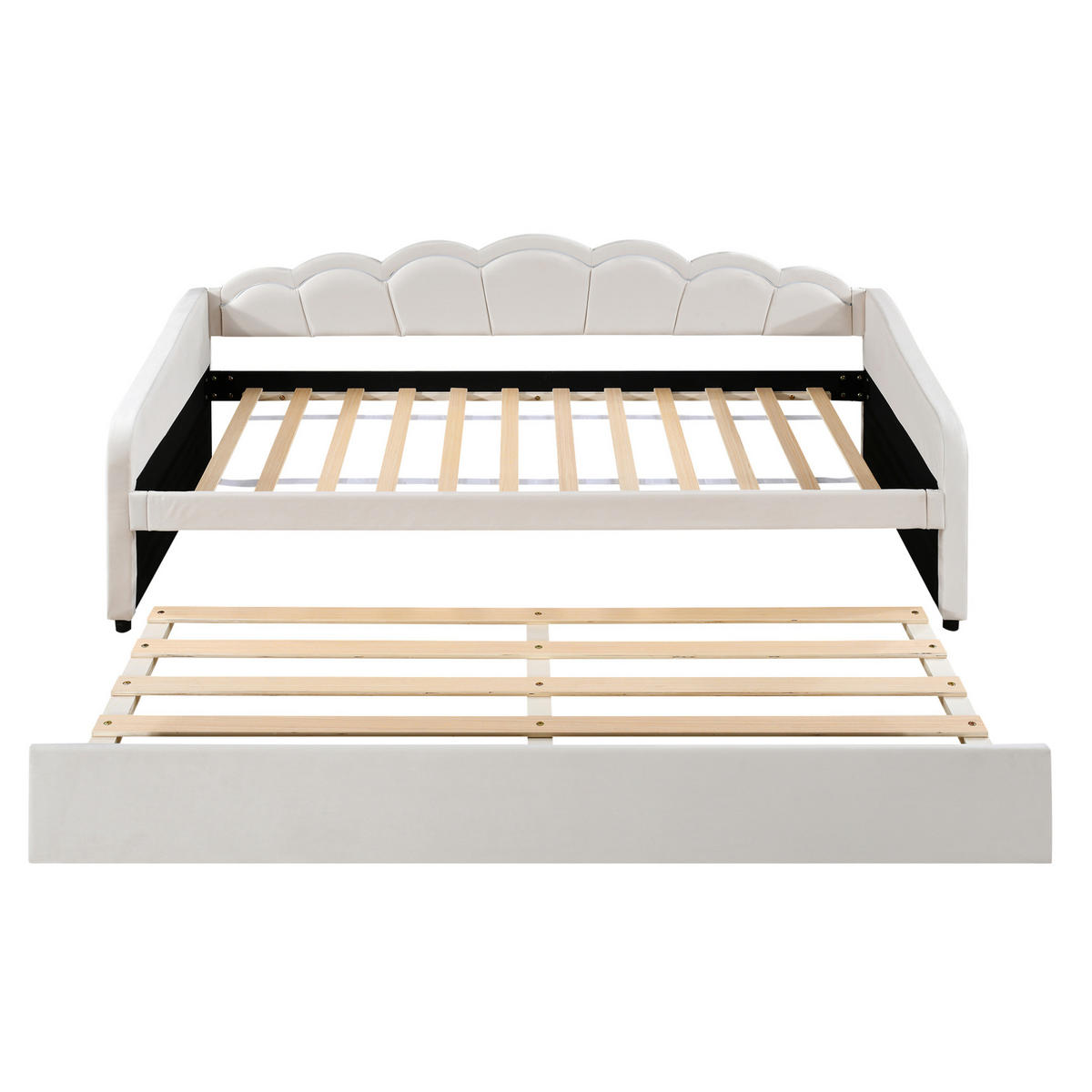 TAGESBETT 90/200 cm mit ausziehbarem Rollbett, LED-Beleuchtung und Samtbezug, Beige - Beige, Textil (90/200cm) - Redom
