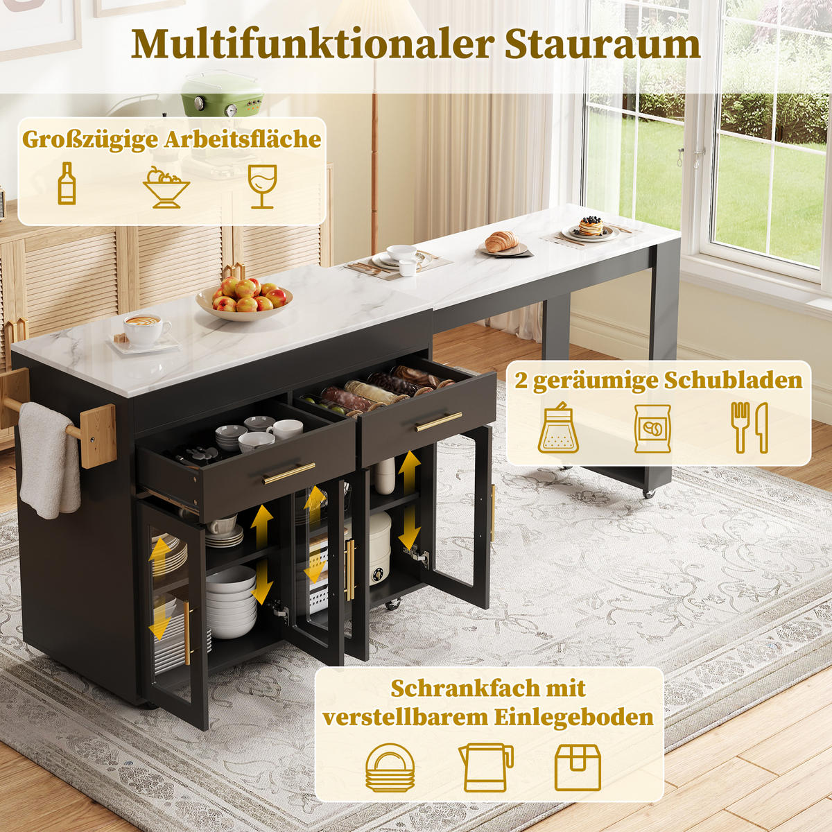 KUCHYŇSKÝ OSTROV v bílé a černé barvě s kolečky a rozkládací deskou do jídelny, Š132,5–217/H50/V93 cm - černá, kov/kompozitní dřevo (217/93/50cm) - STILVORA