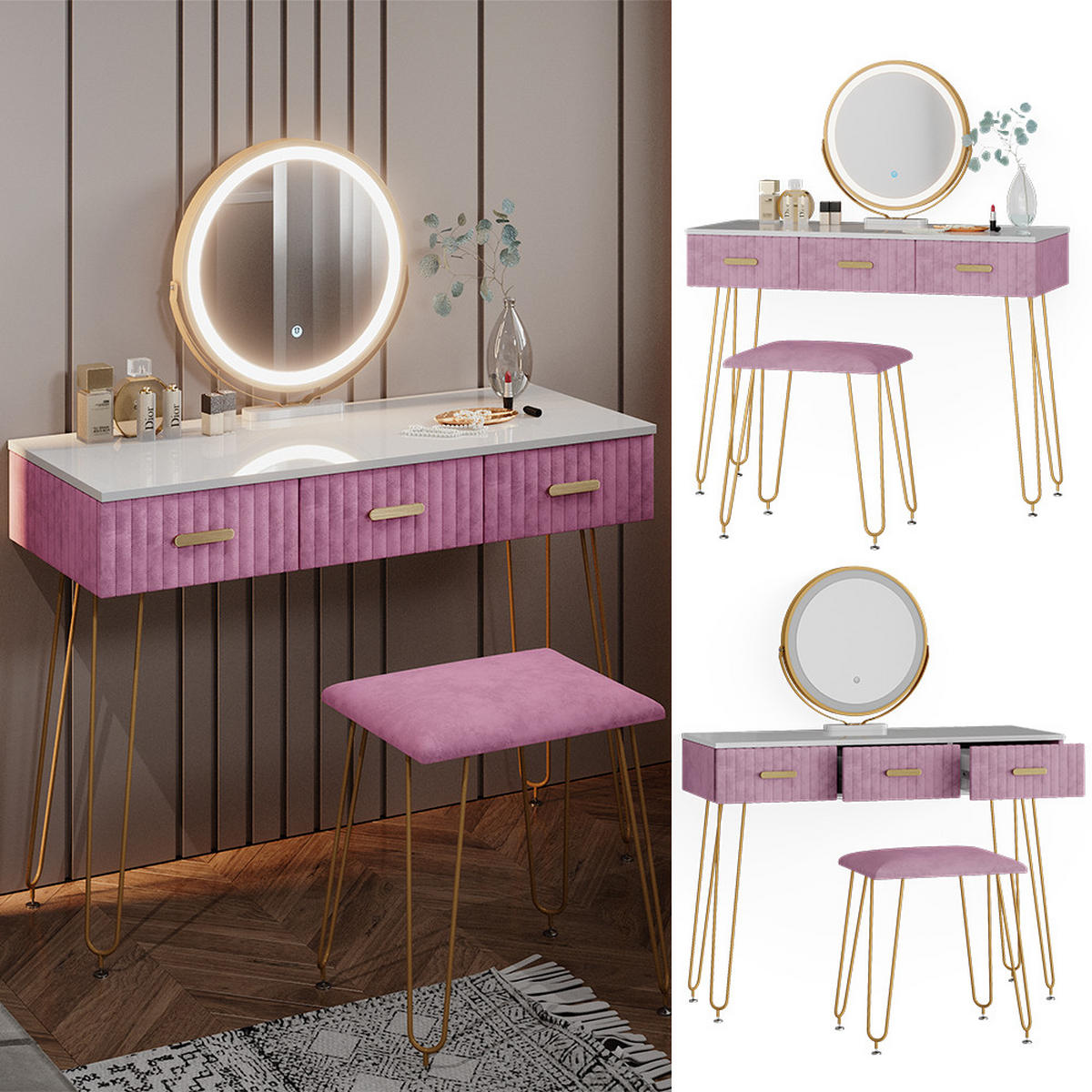 SCHMINKTISCH Layla Rosa 100 cm mit LED Beleuchtung und Hocker - Pink, Holzwerkstoff (100/79/40cm) - Vicco