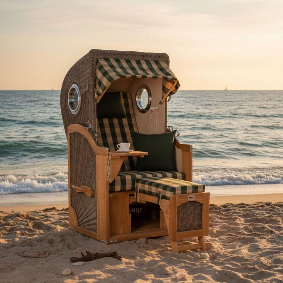 STRANDKORB Komplettset: Ammersee Single Teak Bullauge - PE grau - Modell 506 - Beige/Grün, Holz/Kunststoff (96/165/80cm) - bene living