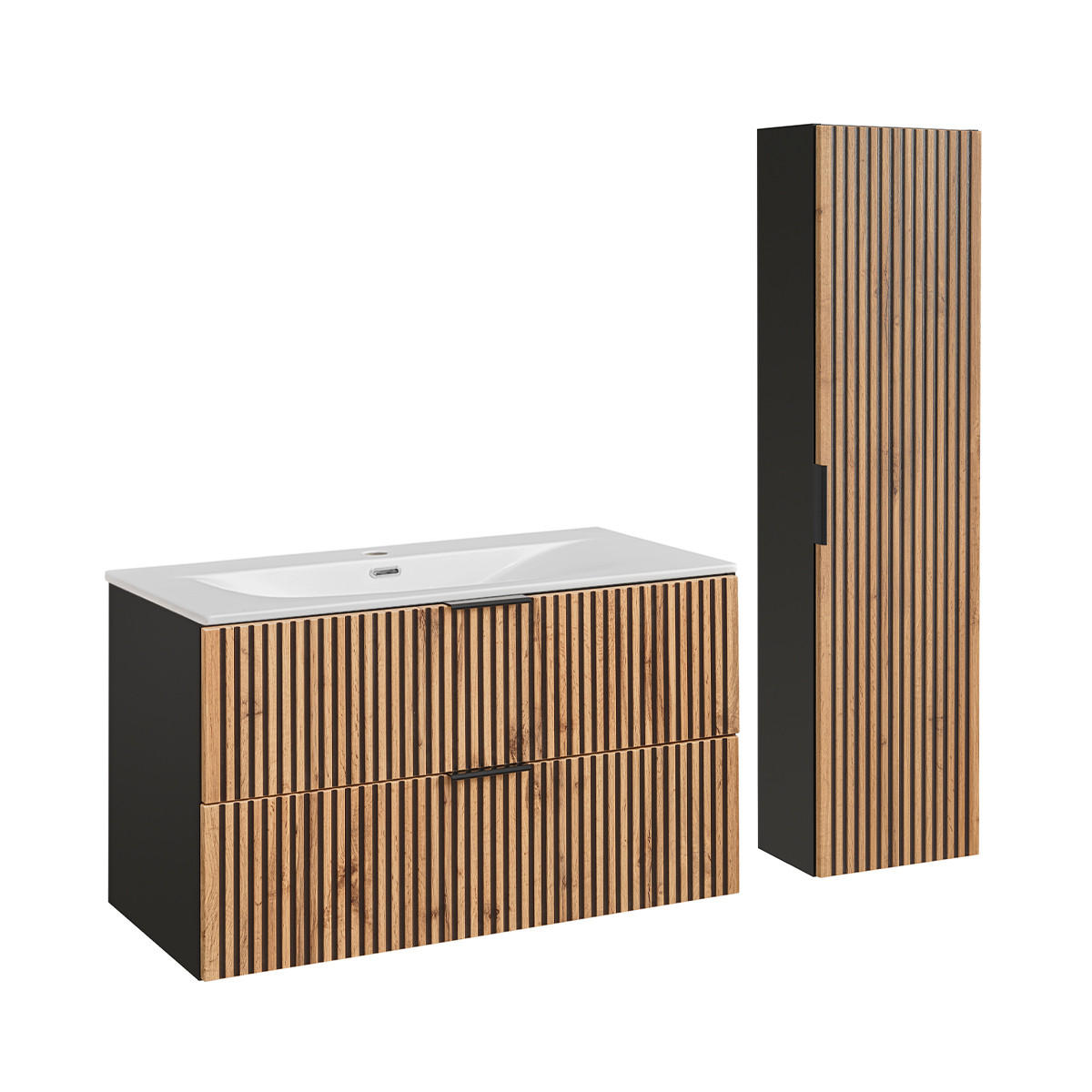 BADMÖBEL 100.2cm Gaia 2er-Set Holz in Eichenoptik und Schwarz - Schwarz, Holzwerkstoff (100.2/57/46cm) - Petits-meubles