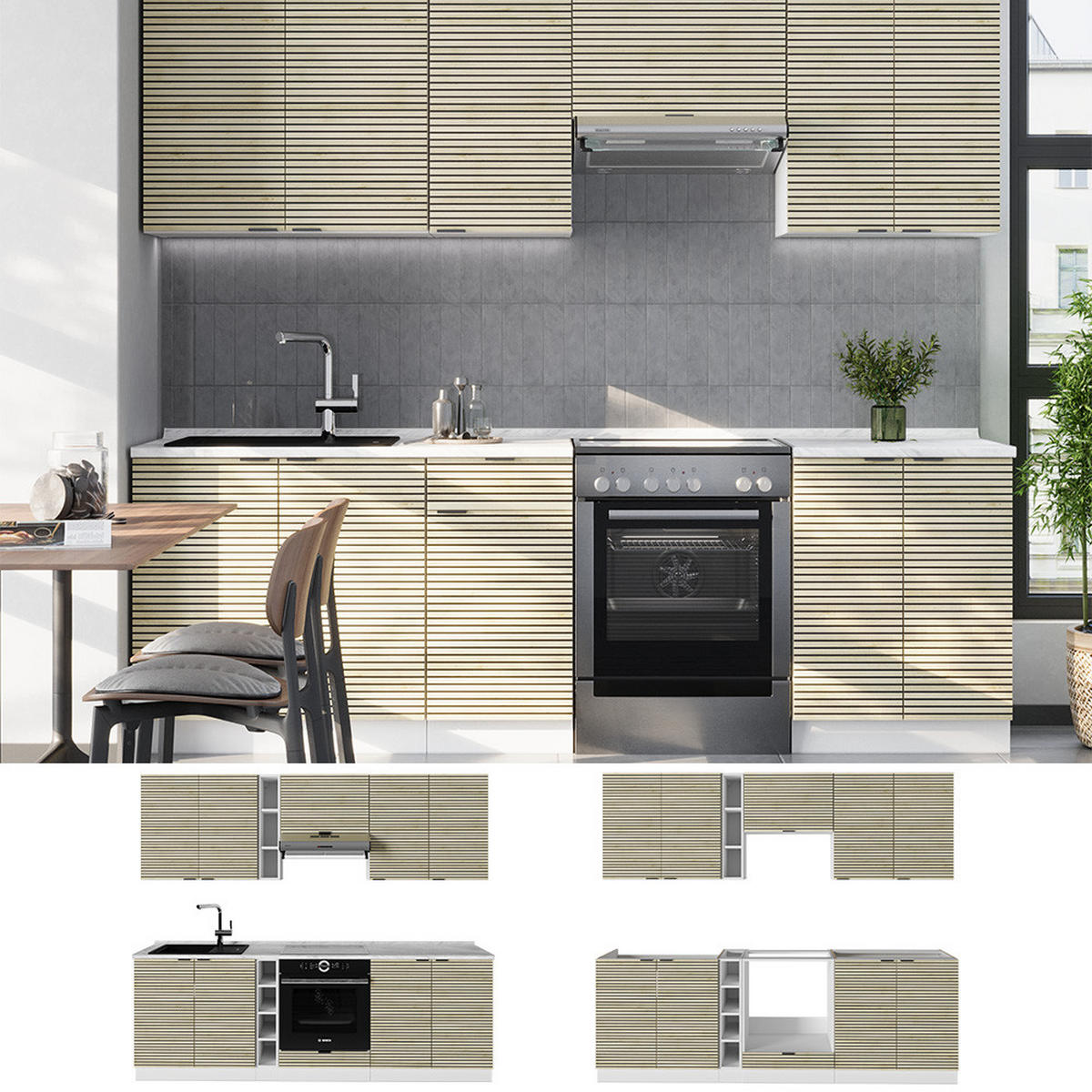 KÜCHENZEILE Fame-Line Eiche Paneel/Weiß 235 cm , AP Marmor - Hellbraun/Eichefarben, Holzwerkstoff (235/81.6/60cm) - Vicco