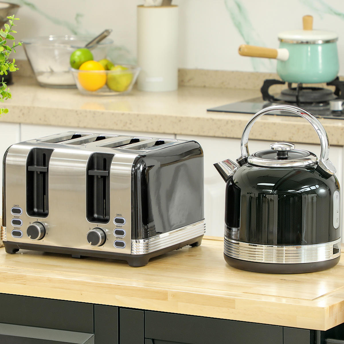KOCHER-TOASTER-SET 2er Set Edelstahl Kunststoff Schwarz - Schwarz, Metall (19.3/26.8/24.2cm) - HOMCOM