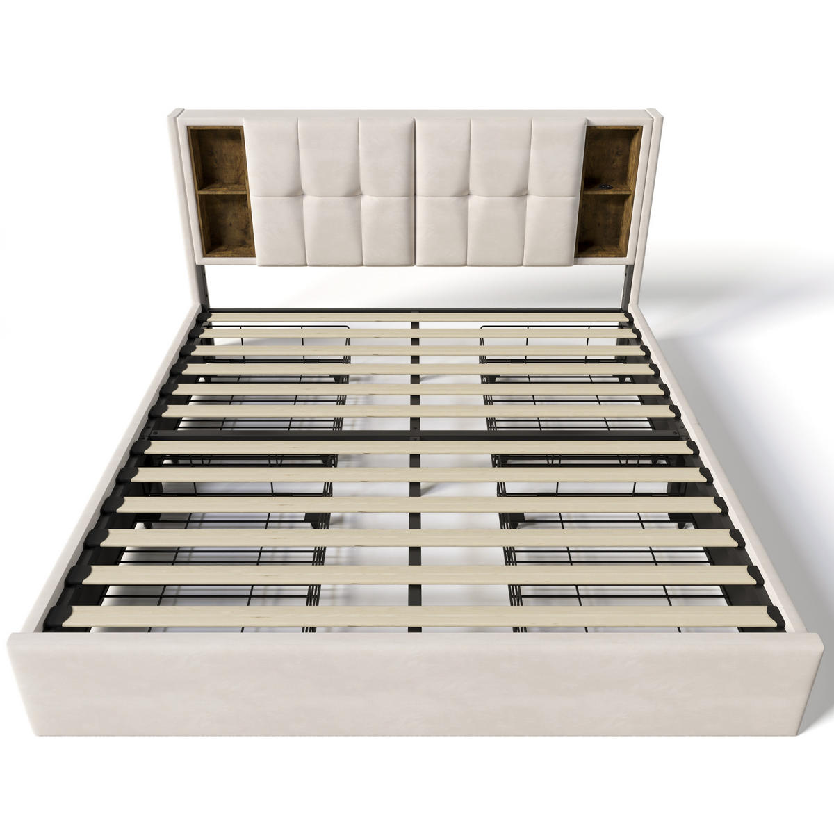 POLSTERBETT mit Matratze 160/200 cm mit kabellosem Laden, USB-C, 4 Schubladen und Matratze, Samt, Beige - Beige, Textil (160/200cm) - Redom