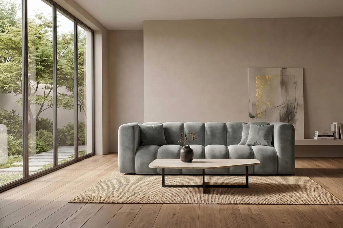 SOFA 3-Sitzer Modulares, Velvet-Stoff Riviera, Grau, GRAND - Grau, Holz (230/70/89cm) - Kaiser Möbel