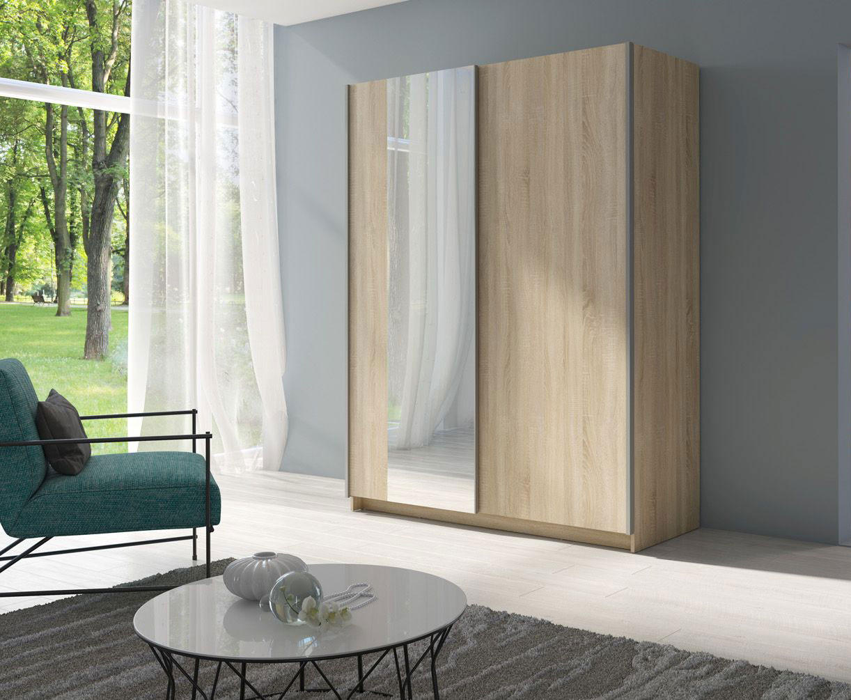 SCHWEBETÜRENSCHRANK Gozo Sonoma Eiche / Spiegel 150 / 62 / 198cm - Grau/Sonoma Eiche, Glas/Holz (150/198/62cm) - Feldmann-Wohnen