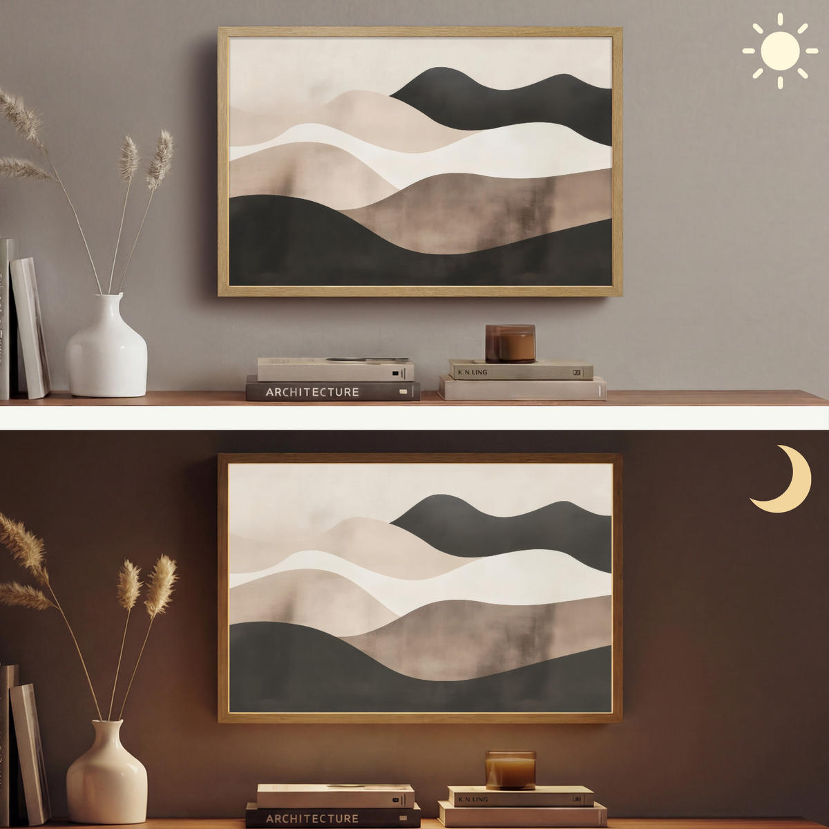 NÁSTĚNNÁ LAMPA S AKUMULÁTOREM Abstraktní - Krajina - Vlny - Krémová barva 60x40 cm - šedohnědá, kompozitní dřevo (60/40/8cm) - OnlyWow