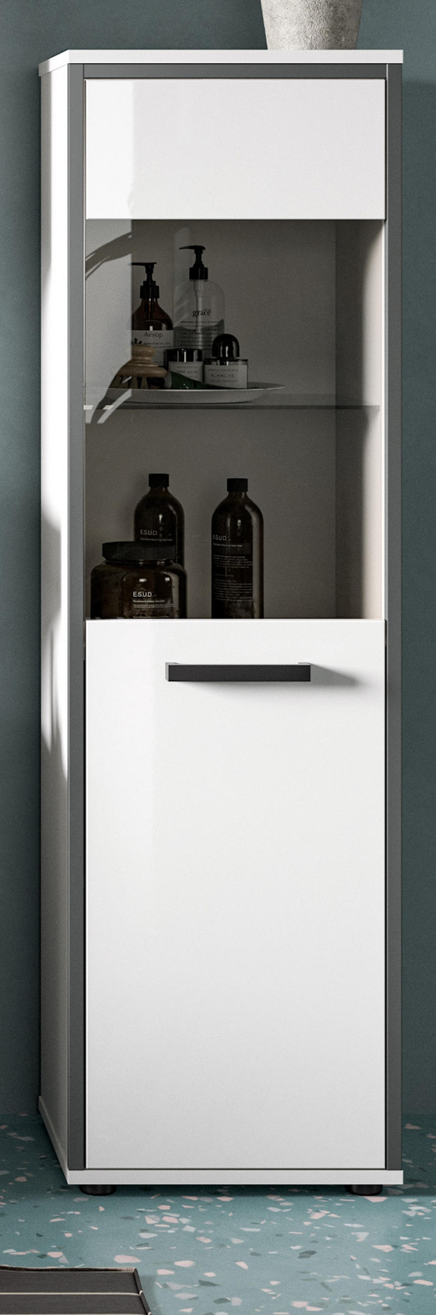 MIDISCHRANK weiß Hochglanz, grau 40 x 139 cm, Badkommode mit wechselbaren Türanschlag - Weiß Hochglanz/Schwarz, Glas/Holzwerkstoff (40/139/34cm) - Inn.Furn