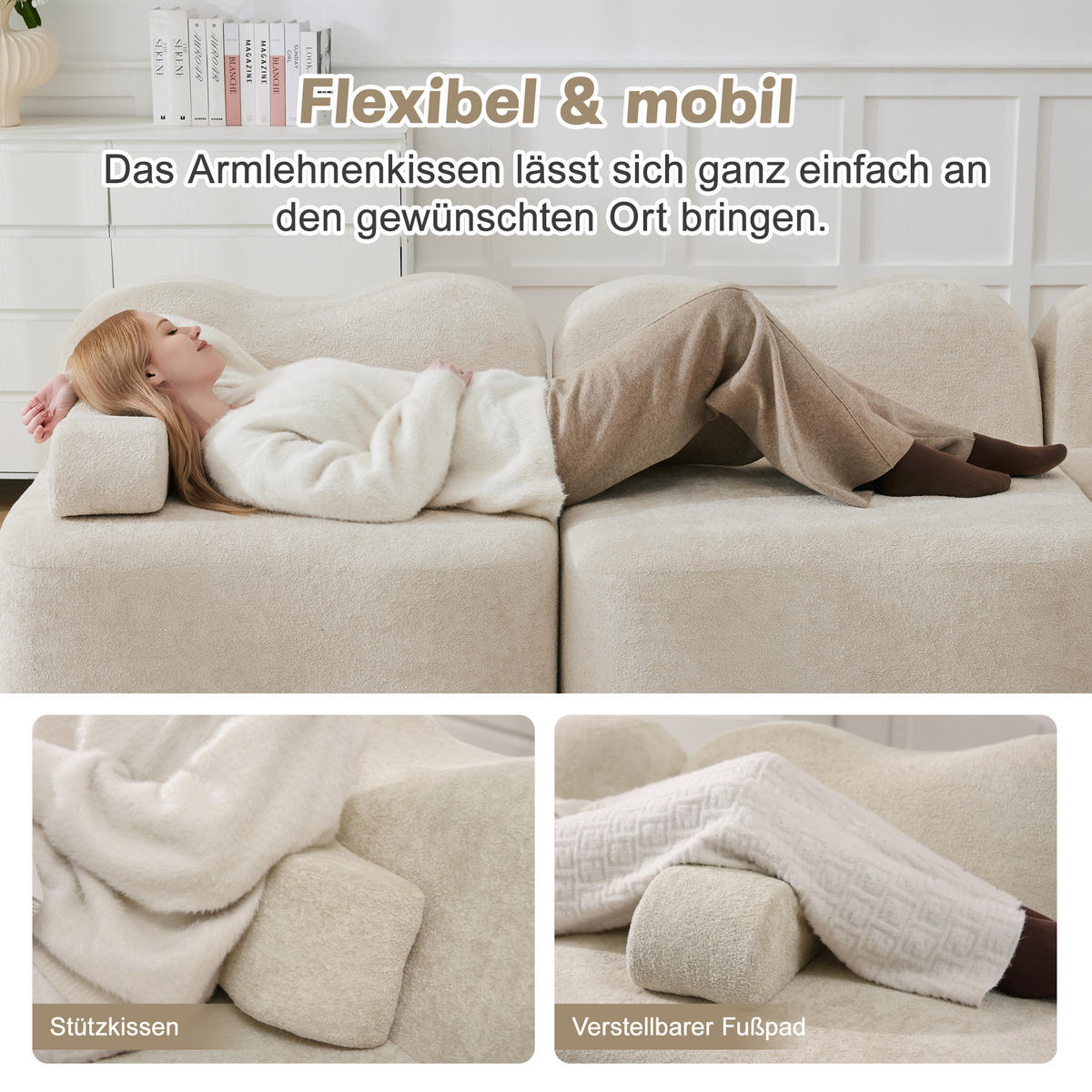 MODULARES 2-Sitzer-Sofa mit Wellenform, tiefer Sitzfläche und beweglichem Armlehnenkissen, Samt, Beige - Beige, Textil (192/70/98cm) - Redom