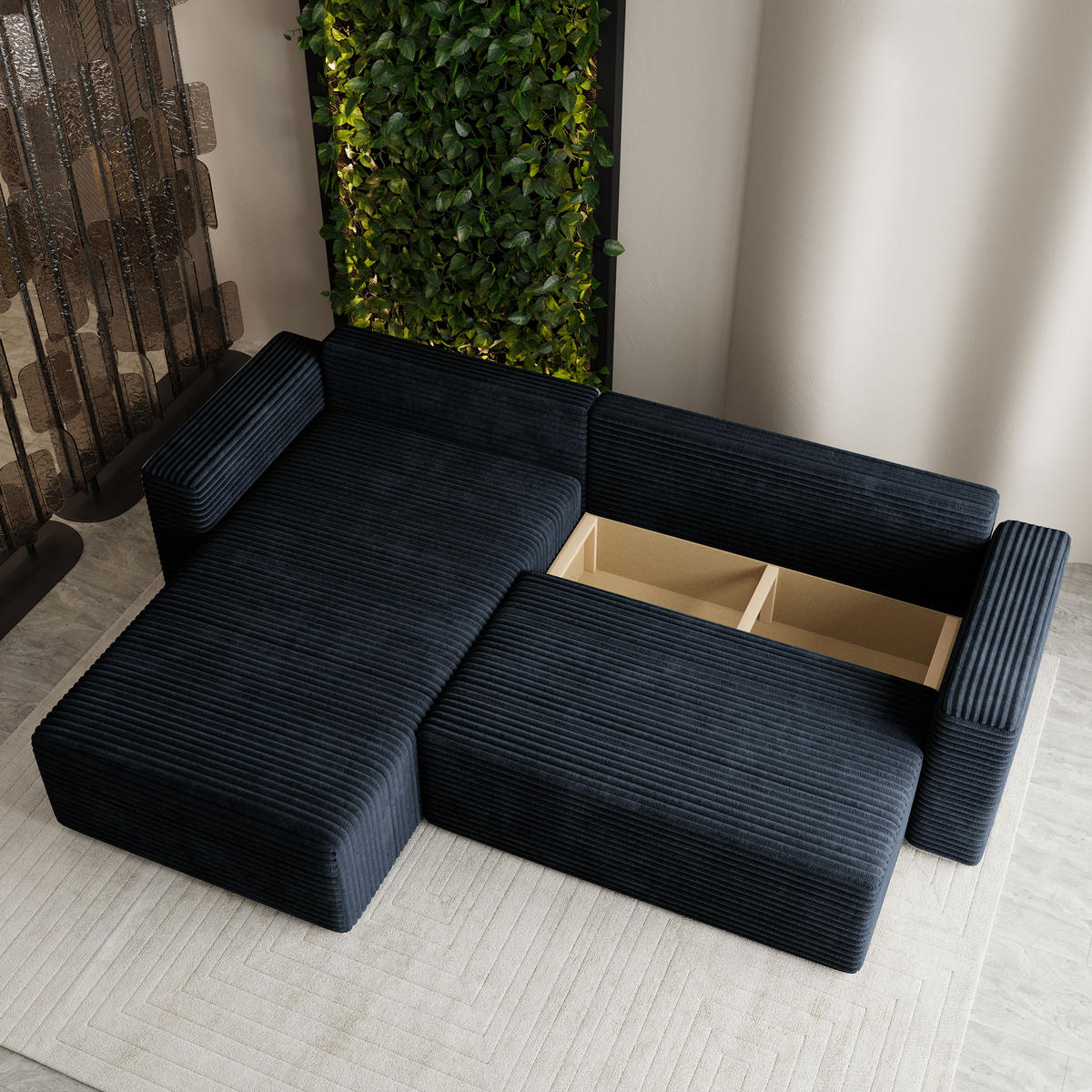 ECKSOFA CALTI T Schwarz Kordstoff mit Schlaffunktion - Schwarz, Holzwerkstoff/Textil (283/183cm) - MASSENO