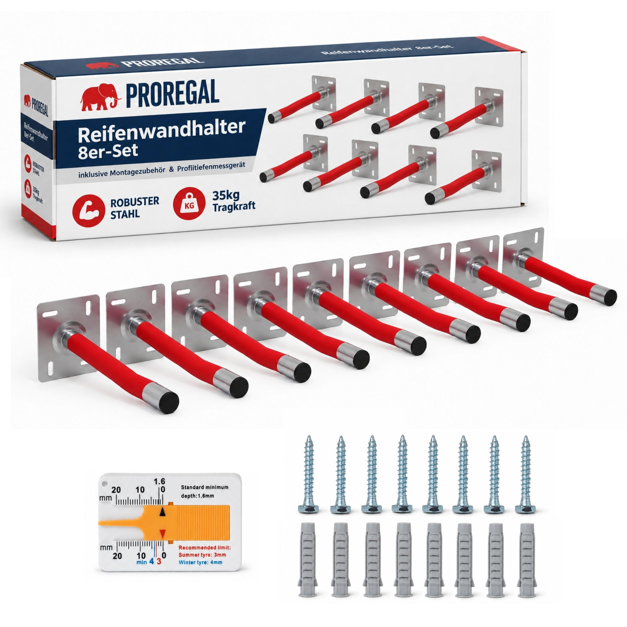 AUTOREIFEN-WANDHALTER PREX PRO 8er Reifen Set HxBxT 17x13x35 cm Traglast 35 kg Rot Set für Garage Zum Anschrauben mit hoher Qualität - Rot, Metall (35/13/9cm) - PROREGAL