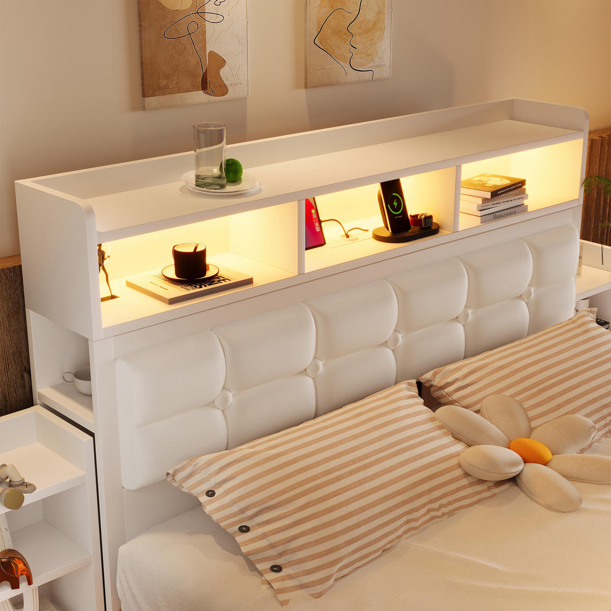 DOPPELBETT 140/190 cm Weiß mit LED-Beleuchtung und USB-Ladefunktion aus Metall - Weiß, Metall (140/190cm) - OKWISH