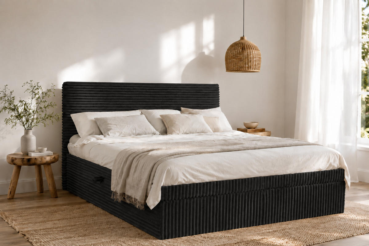 BOXBETT Bettkasten Und Topper TRENTO Ohne Bein Stoff Plüsch Cord 180x200 cm Schwarz H3-Bonell - Schwarz, Holz/Textil (180/200cm) - Kaiser Möbel
