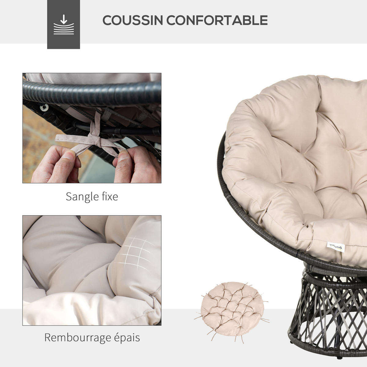 GARTEN-RELAXSESSEL DE-13564 360° drehbar, Ø97x90cm Creme - Creme, Metall (87/90/97cm) - ComfortXL