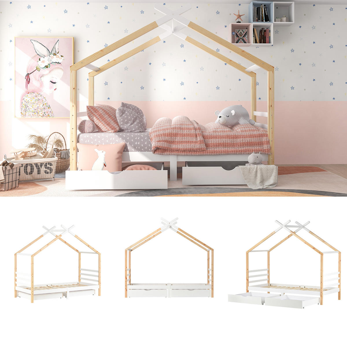 KINDERBETT 90/200 cm Weiß aus Kiefer-Massivholz und MDF mit Schubladen - Weiß, Holz (90/200cm) - OKMYHOME